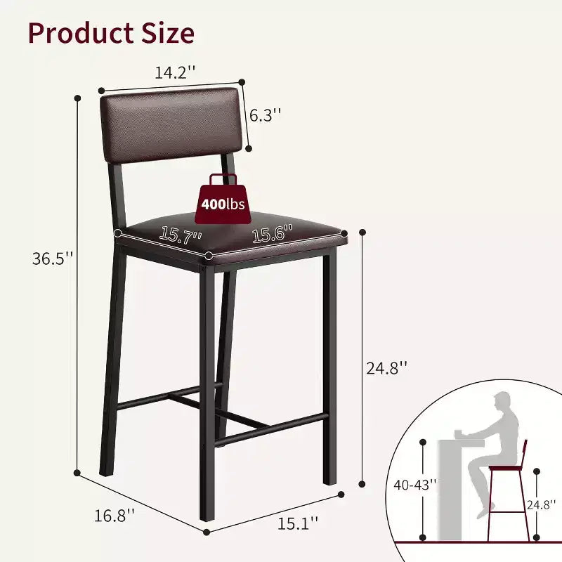 Acekool Bar Stools Set of 4, Counter Height Stools with Back, Upholstered PU Leather & Thick Metal Legs, Kitchen Island Chairs