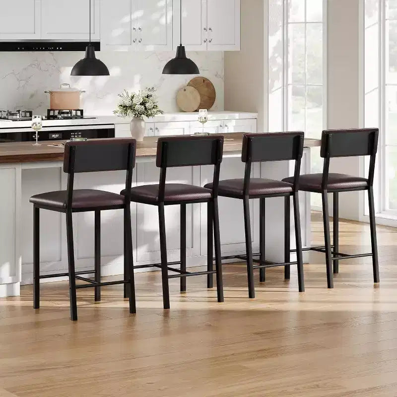Acekool Bar Stools Set of 4, Counter Height Stools with Back, Upholstered PU Leather & Thick Metal Legs, Kitchen Island Chairs