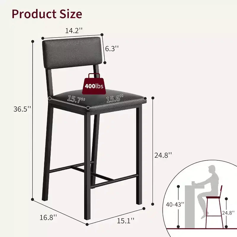 Acekool Bar Stools Set of 4, Counter Height Stools with Back, Upholstered PU Leather & Thick Metal Legs, Kitchen Island Chairs
