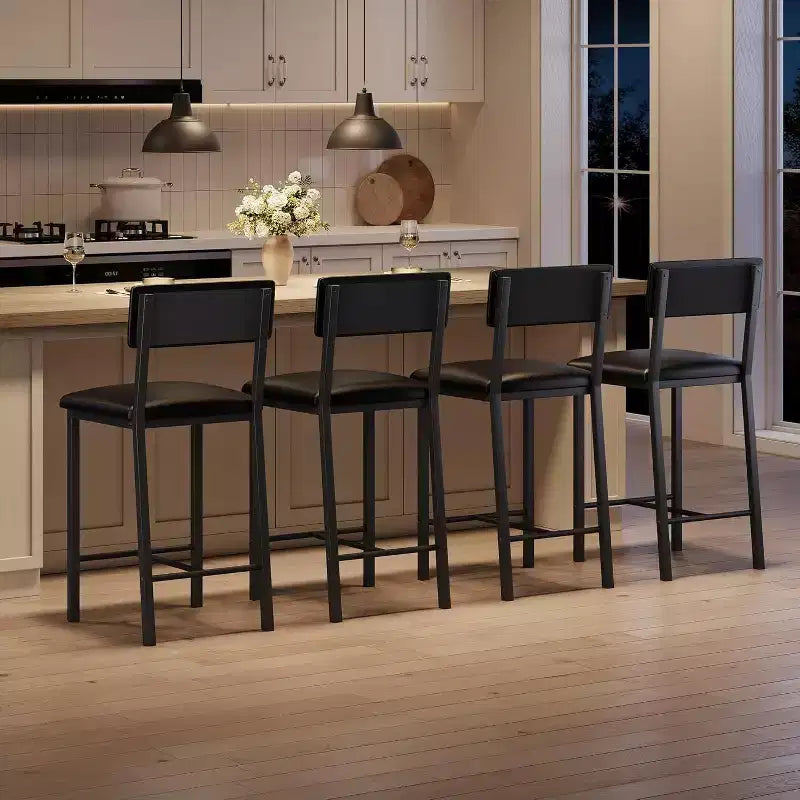 Acekool Bar Stools Set of 4, Counter Height Stools with Back, Upholstered PU Leather & Thick Metal Legs, Kitchen Island Chairs