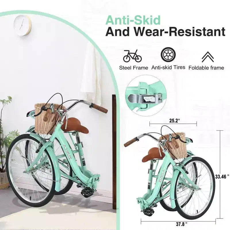 NAYSAYE Bicicletta da donna pieghevole a velocità singola da 26 pollici, telaio in acciaio resistente per un facile rimessaggio e pendolarismo, verde, 66,93*25,2*40,95