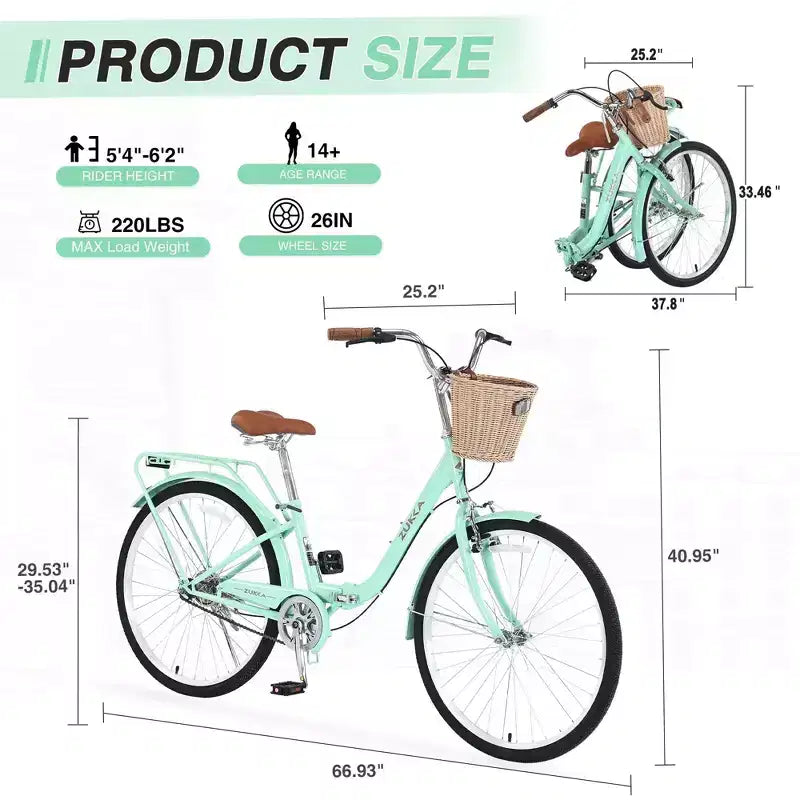 NAYSAYE Bicicletta da donna pieghevole a velocità singola da 26 pollici, telaio in acciaio resistente per un facile rimessaggio e pendolarismo, verde, 66,93*25,2*40,95
