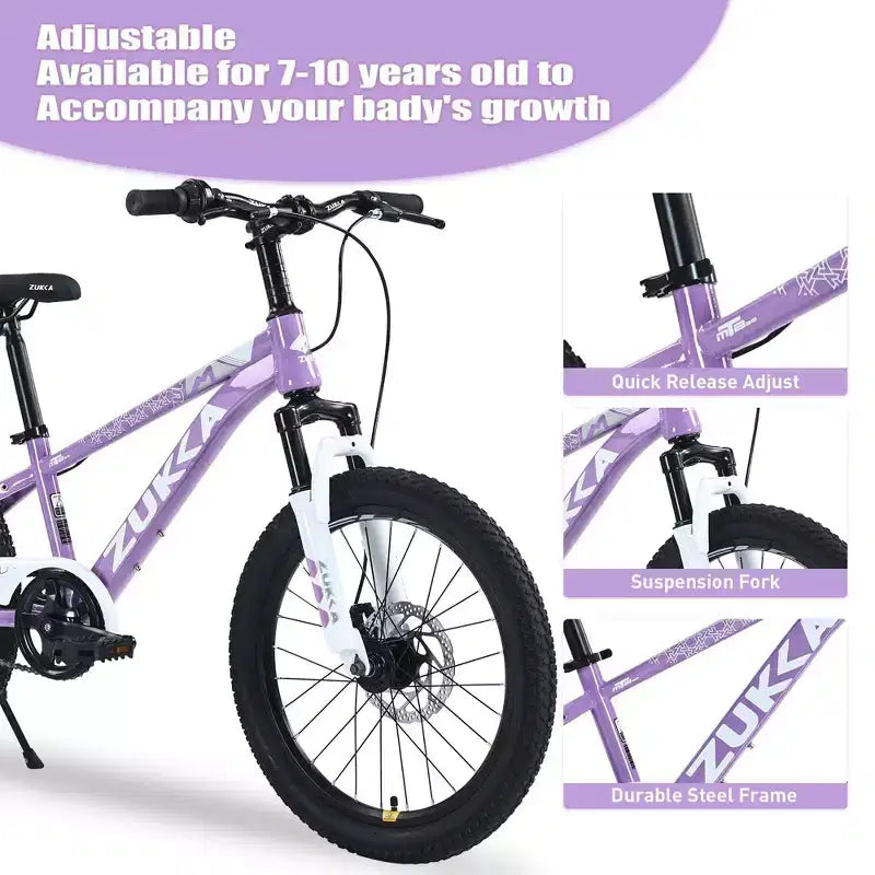 NAYSAYE Bicycle Mountain Bike Durable Steel Frame with Suspension Fork for Kids Outdoor Riding, Purple, 54.33*22.44*32.48