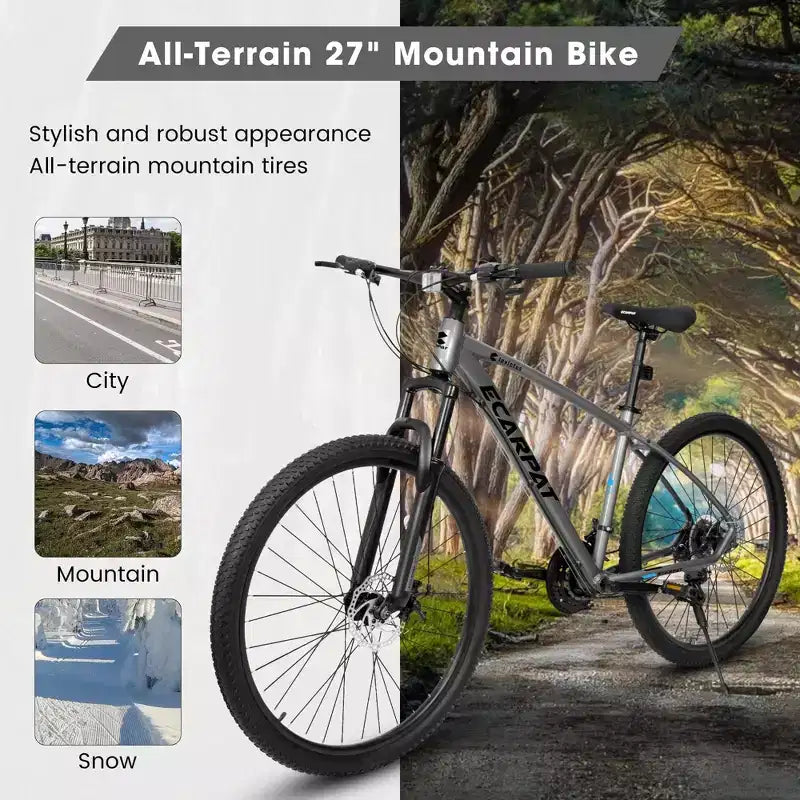 NAYSAYE Bicycle 27 Inch Mountain Bike 21 Speed with Suspension Fork and Disc Brakes for Men and Women, Gray, 70*27*39.5