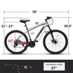 NAYSAYE Bicycle 27 Inch Mountain Bike 21 Speed with Suspension Fork and Disc Brakes for Men and Women, Gray, 70*27*39.5