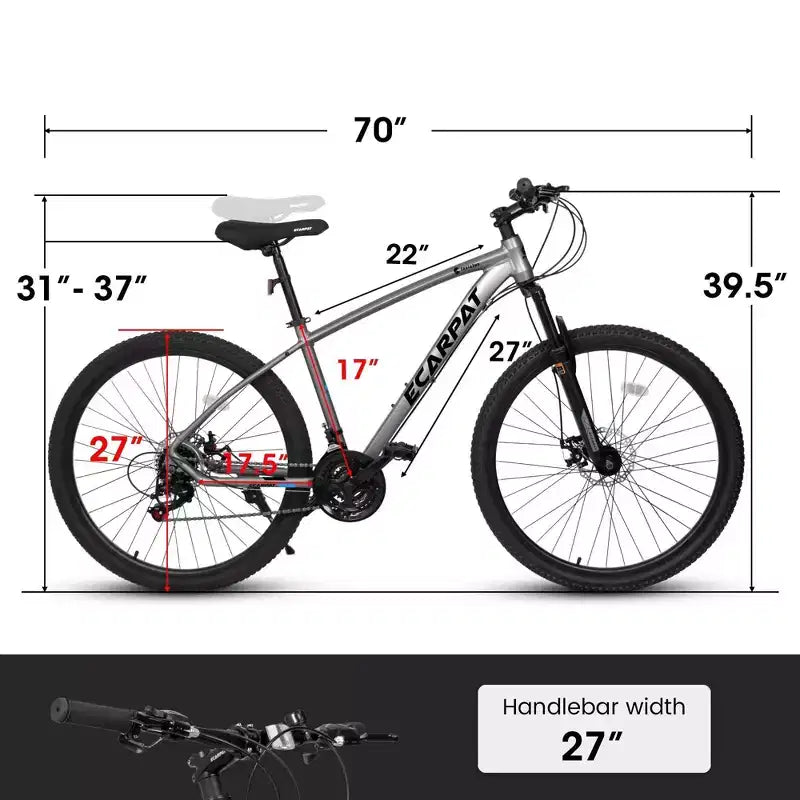NAYSAYE Bicycle 27 Inch Mountain Bike 21 Speed with Suspension Fork and Disc Brakes for Men and Women, Gray, 70*27*39.5