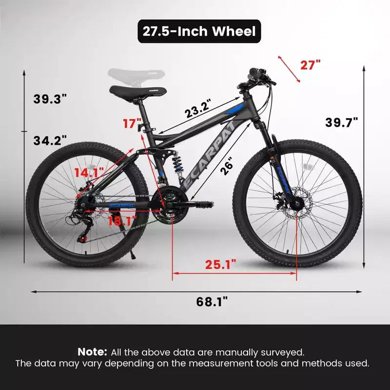 NAYSAYE Bicicletta Mountain Bike Bi-Ammortizzata da 27,5 Pollici, 21 Velocità con Doppio Ammortizzatore per Uomini e Donne, Nero, 68,1*27*39,7
