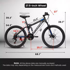 NAYSAYE Bicicletta Mountain Bike Bi-Ammortizzata da 27,5 Pollici, 21 Velocità con Doppio Ammortizzatore per Uomini e Donne, Nero, 68,1*27*39,7