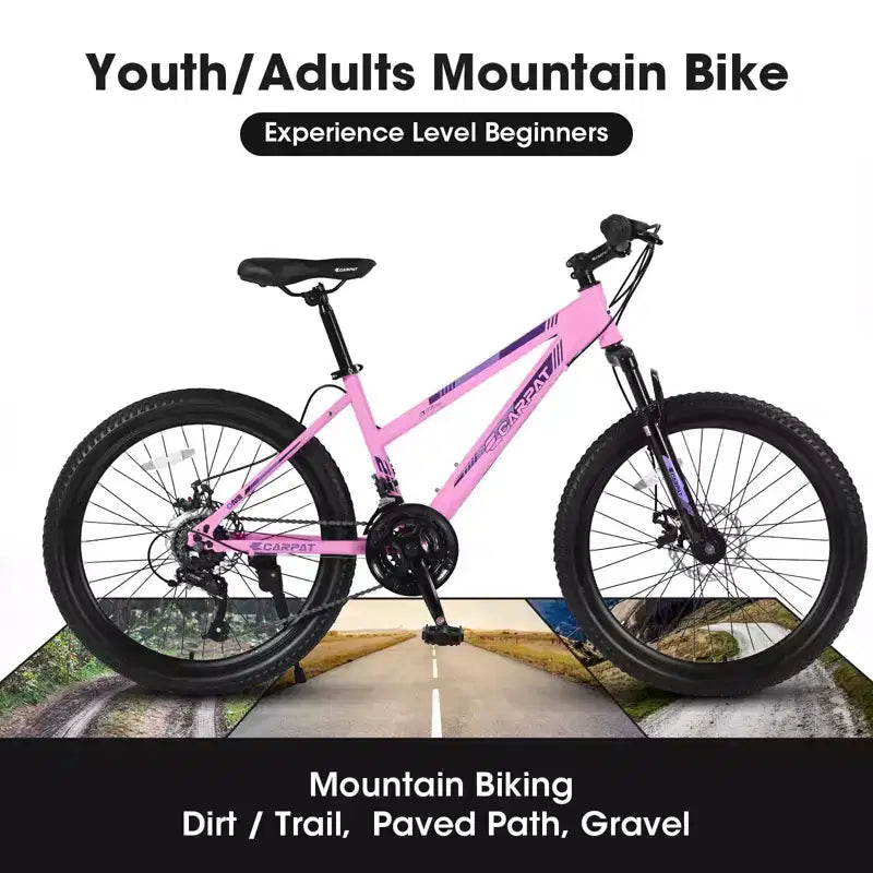 Bicicletta NAYSAYE Mountain Bike da 26 pollici con cambio a 21 velocità Freni a doppio disco per adolescenti e donne, rosa, 65*24.8*37.4