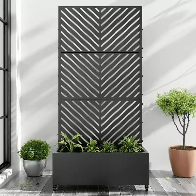 MAYEERTY Planter Box with Trellis Iron Black Parallel Line 01 Style 47x47x16in 3-Piece Set