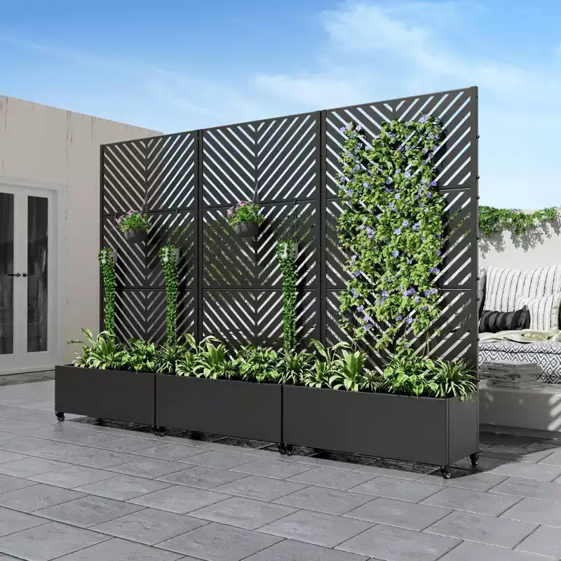 MAYEERTY Planter Box with Trellis Iron Black Parallel Line 01 Style 47x47x16in 3-Piece Set