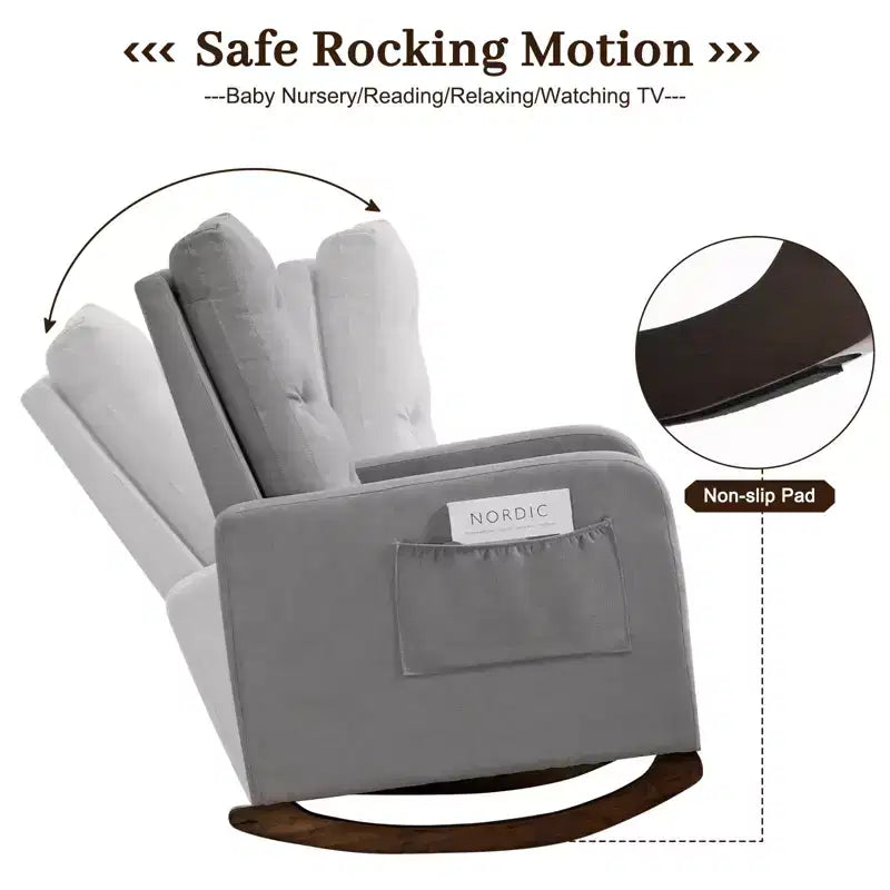 Rocking Chair Nursery, Glider Recliner Indoor with Armrests, Side Pockets, Upholstered Comfy High Back Armchair