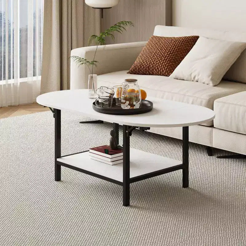 Famapy Contemporary Convertible Coffee Table,Extendable from Square to Oval,with Storage Shelf,Adjustable & Space-Efficient for Living Room