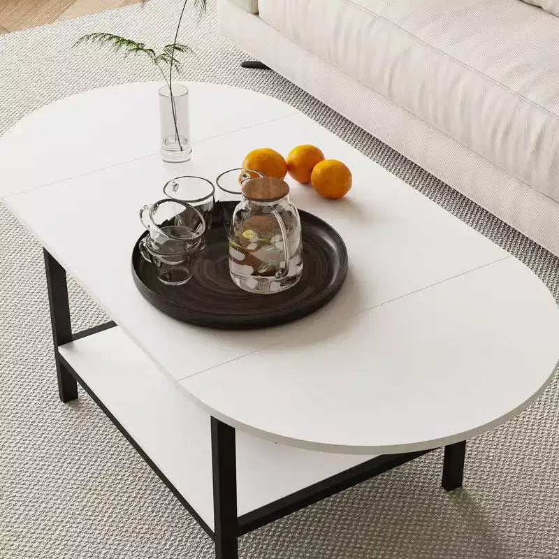 Famapy Contemporary Convertible Coffee Table,Extendable from Square to Oval,with Storage Shelf,Adjustable & Space-Efficient for Living Room