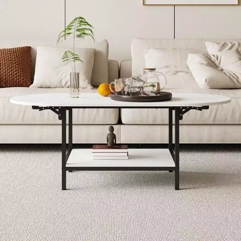 Famapy Contemporary Convertible Coffee Table,Extendable from Square to Oval,with Storage Shelf,Adjustable & Space-Efficient for Living Room