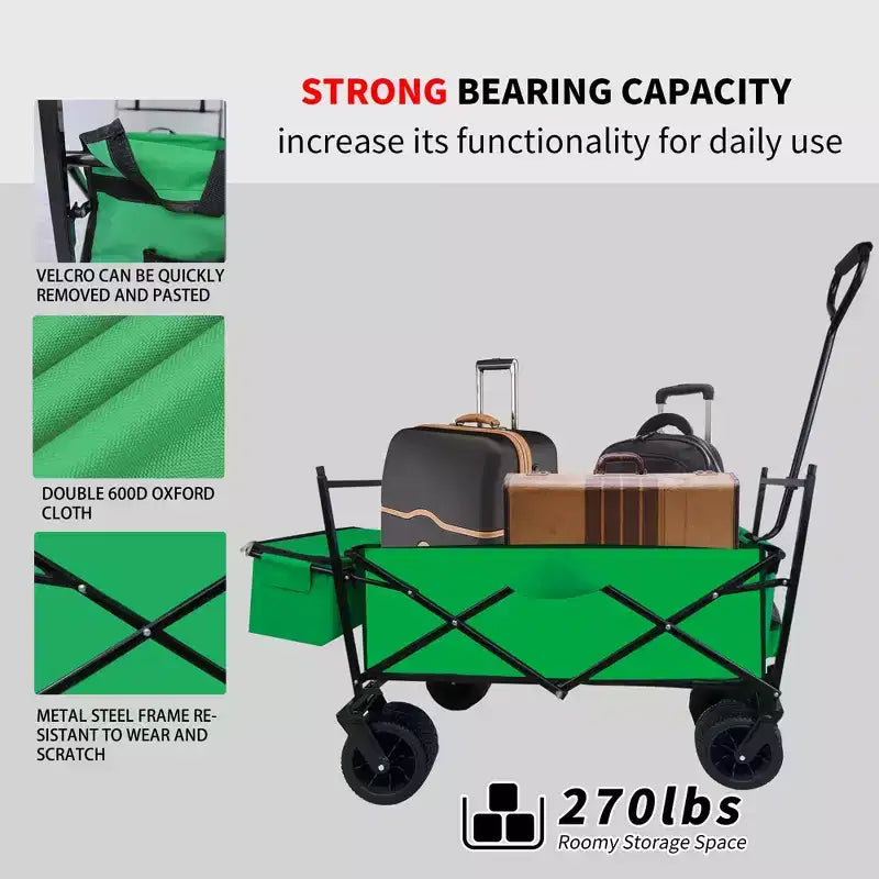 TROPOW Collapsible Folding Wagon Cart C Green Utility Wagon for Camping/Shopping (1-Pack)