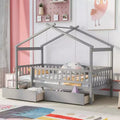 Bellemave Twin Size House Bed Frame with Two Drawers and Guardrails, Wooden Kids Platform Bed, Gray