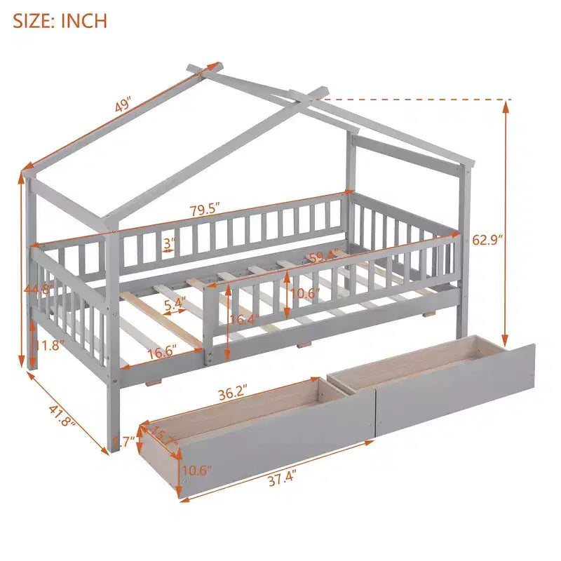 Struttura letto a casetta per bambini Bellemave, misura singola, con due cassetti e sponde, in legno, colore grigio