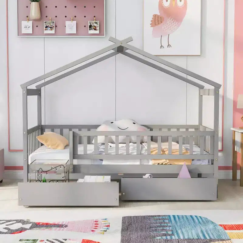 Struttura letto a casetta per bambini Bellemave, misura singola, con due cassetti e sponde, in legno, colore grigio