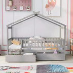 Struttura letto a casetta per bambini Bellemave, misura singola, con due cassetti e sponde, in legno, colore grigio