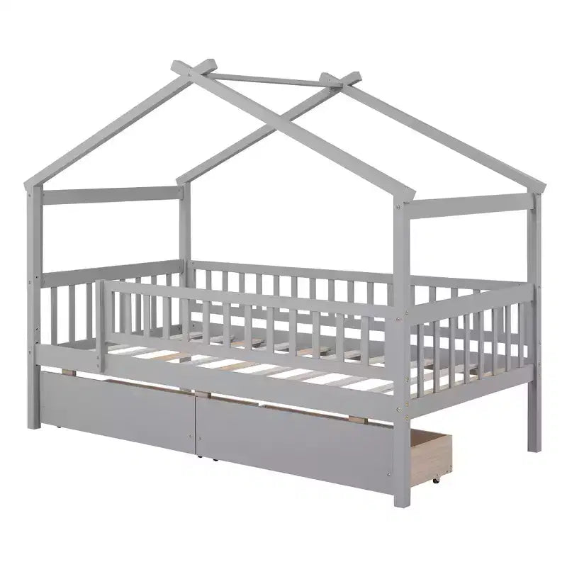 Struttura letto a casetta per bambini Bellemave, misura singola, con due cassetti e sponde, in legno, colore grigio