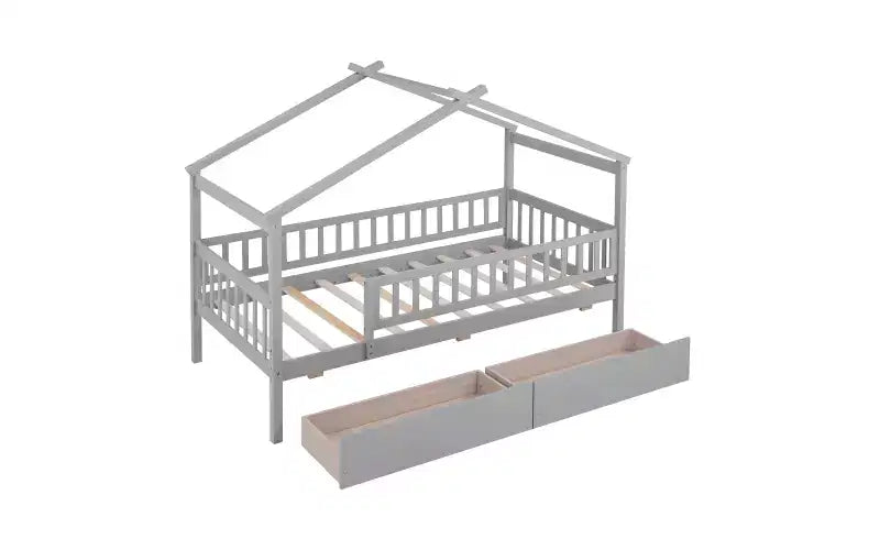 Struttura letto a casetta per bambini Bellemave, misura singola, con due cassetti e sponde, in legno, colore grigio