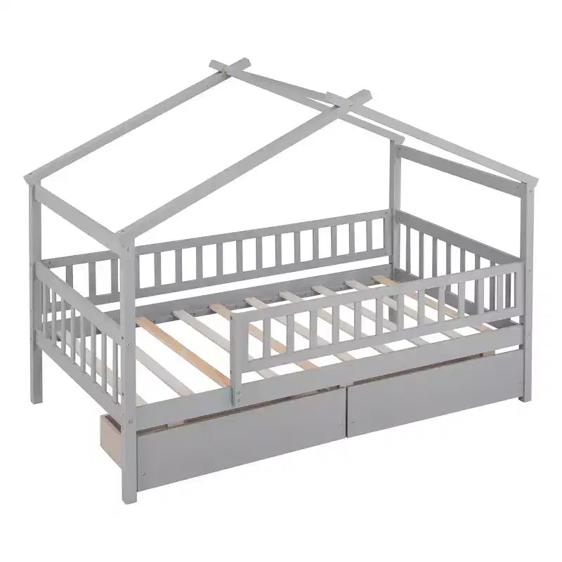 Struttura letto a casetta per bambini Bellemave, misura singola, con due cassetti e sponde, in legno, colore grigio