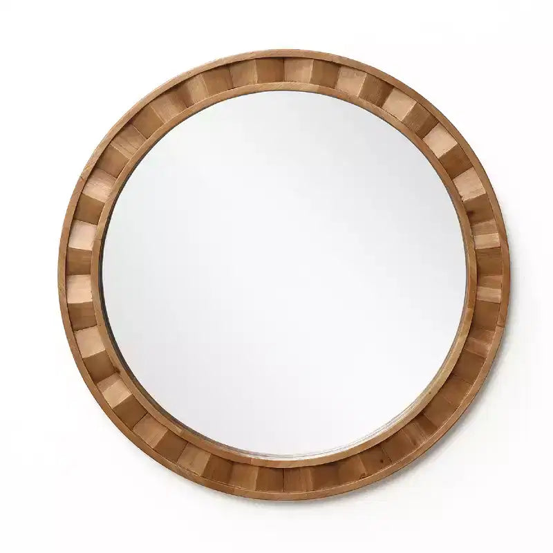 LuxenHome Natural Wood Frame Round Wall Mirror, 28 Rustic Wooden Decor Brown