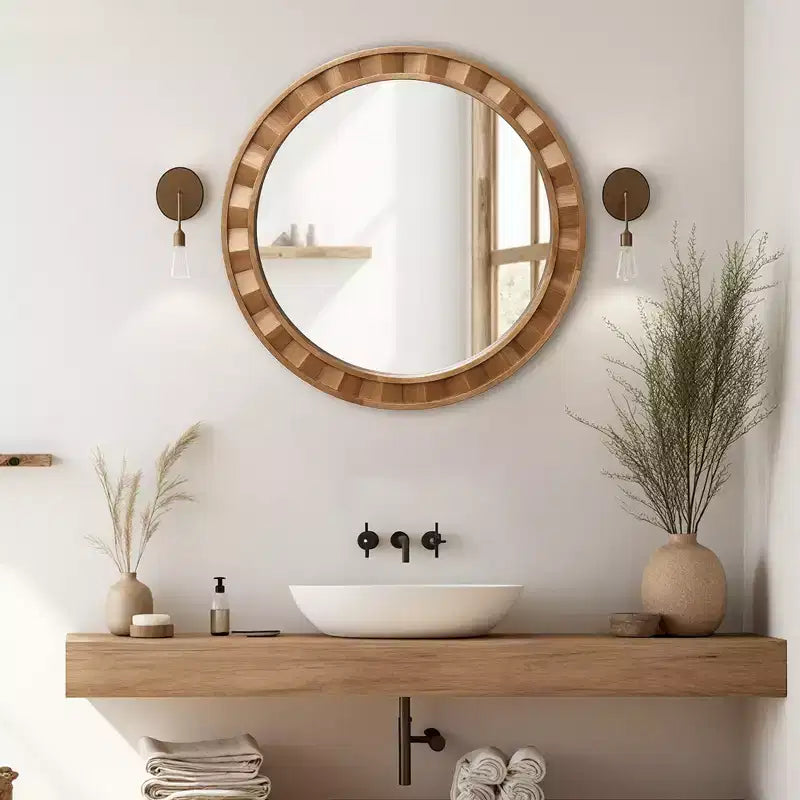 LuxenHome Natural Wood Frame Round Wall Mirror, 28 Rustic Wooden Decor Brown
