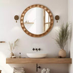 LuxenHome Natural Wood Frame Round Wall Mirror, 28 Rustic Wooden Decor Brown