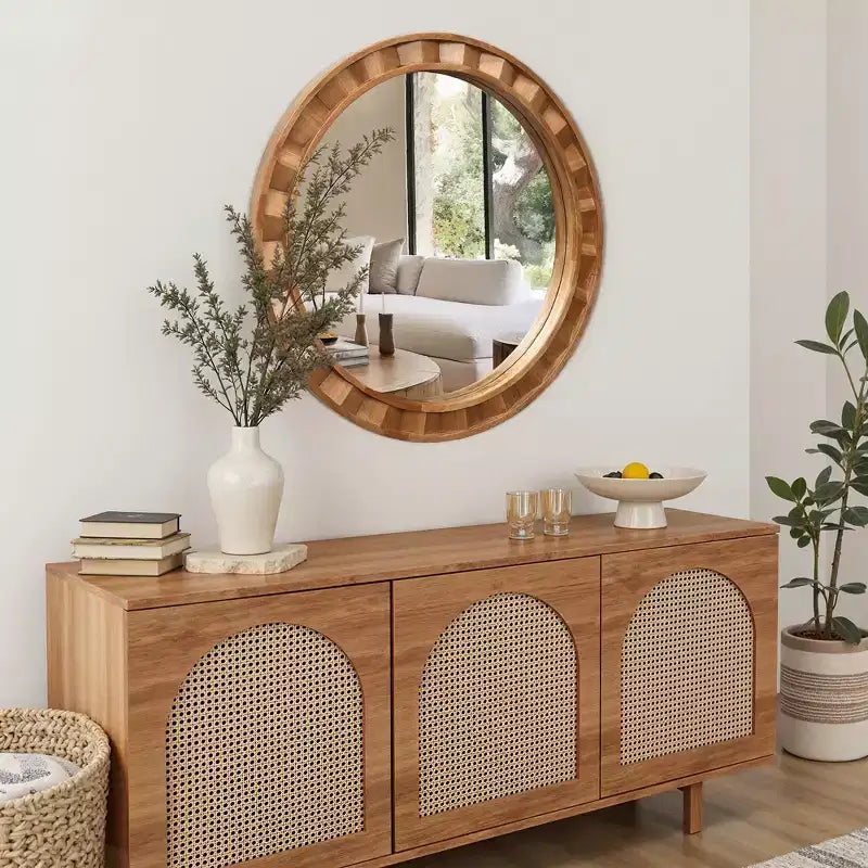 LuxenHome Natural Wood Frame Round Wall Mirror, 28 Rustic Wooden Decor Brown