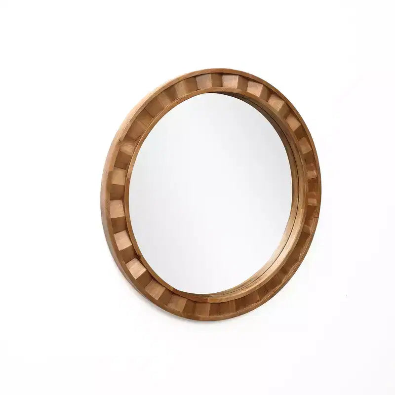 LuxenHome Natural Wood Frame Round Wall Mirror, 28 Rustic Wooden Decor Brown