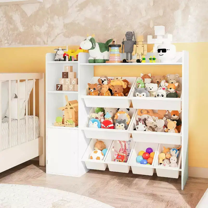 Contenitore per giocattoli per bambini, organizer con 8 contenitori rimovibili, libreria e portagiochi grande, con libreria per camera da letto, cameretta dei bambini, aula, asilo nido