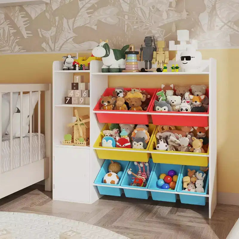 Contenitore per giocattoli per bambini, organizer con 8 contenitori rimovibili, libreria e portagiochi grande, con libreria per camera da letto, cameretta dei bambini, aula, asilo nido