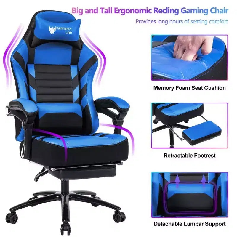 Okak High-Back Gaming Chair, Ergonomic Office Chair with Foldable Footrest, Height-Adjustable Comfy Chair for Study, Gaming Room