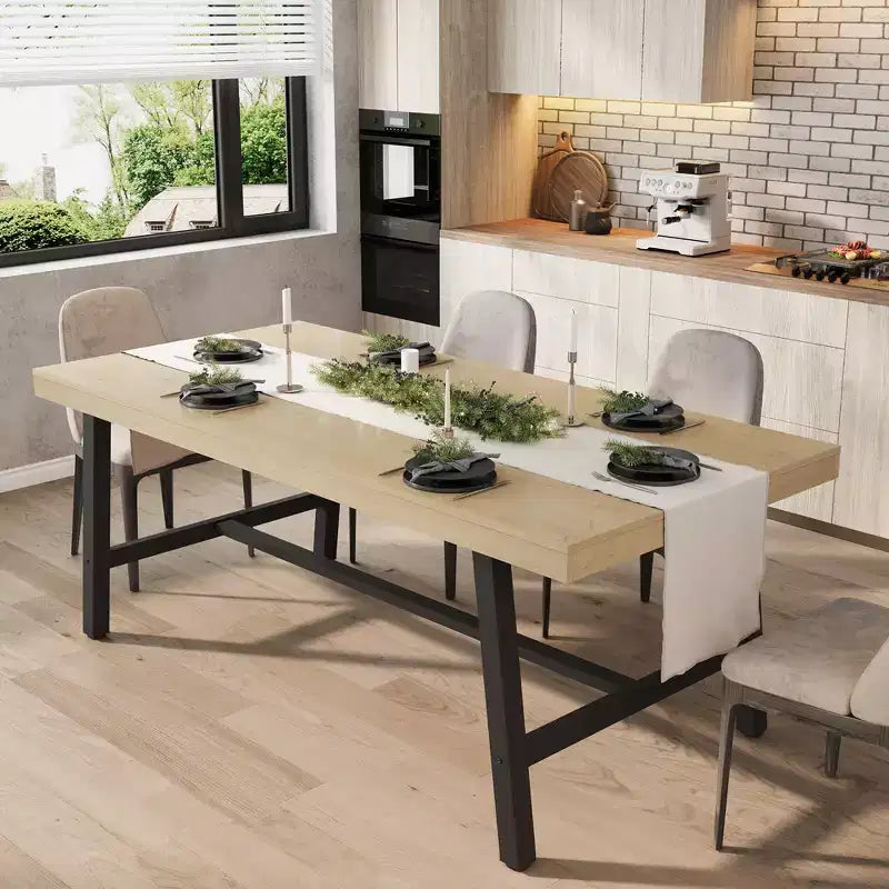 Industrial Dining Table for 6~8 People, 78.7 Long Rectangle Dining Tables, Wooden Kitchen Table with Sturdy Metal Frame for Dining Room
