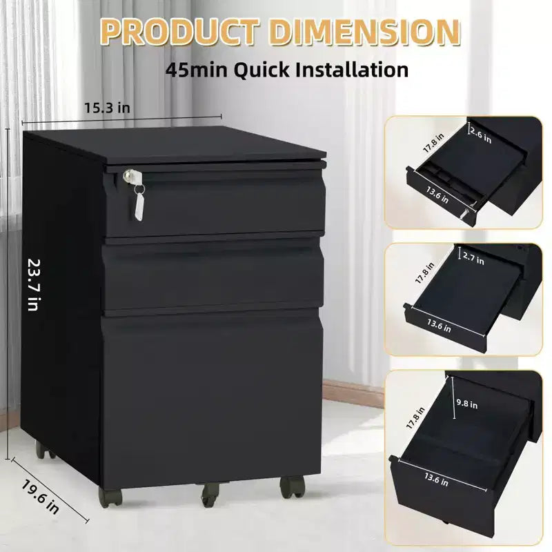TROPOW 3-Drawer Mobile File Cabinet - Under-Desk Organizer for Home/Office (Unassembled, Fits Letter/Legal/A4)