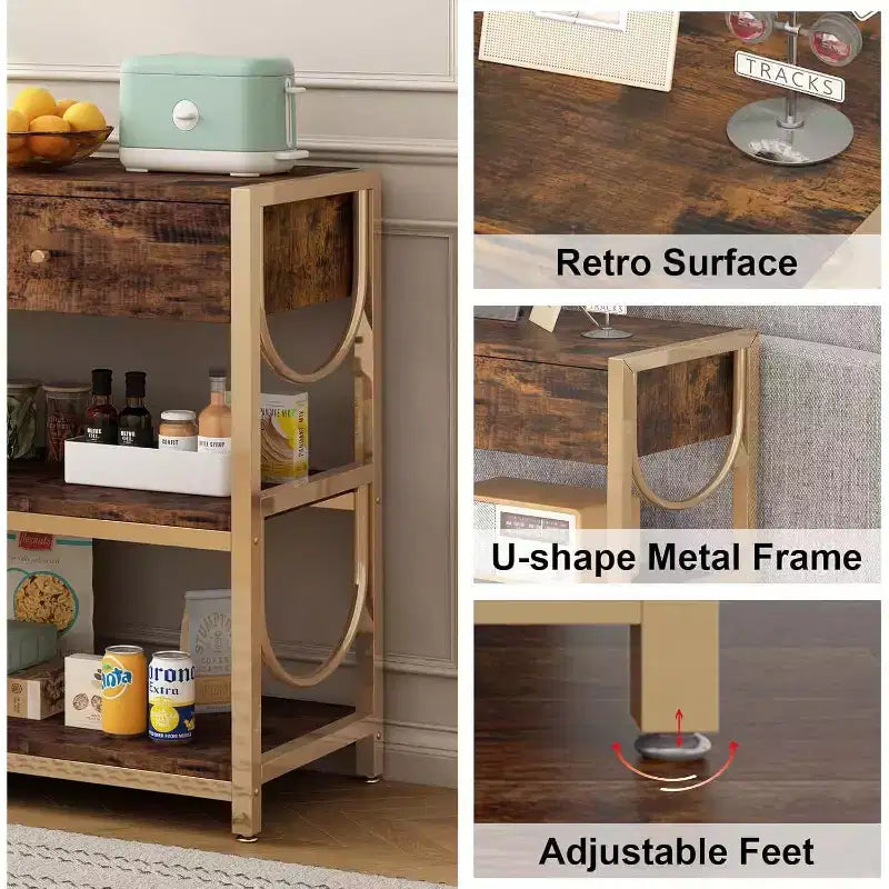 Console Table, Entryway Table - Light Luxury with 2 Drawers & 2 Shelves, Rustic Brown/Gold U-Shaped Frame, Adjustable Feet for Hallway/Living Room