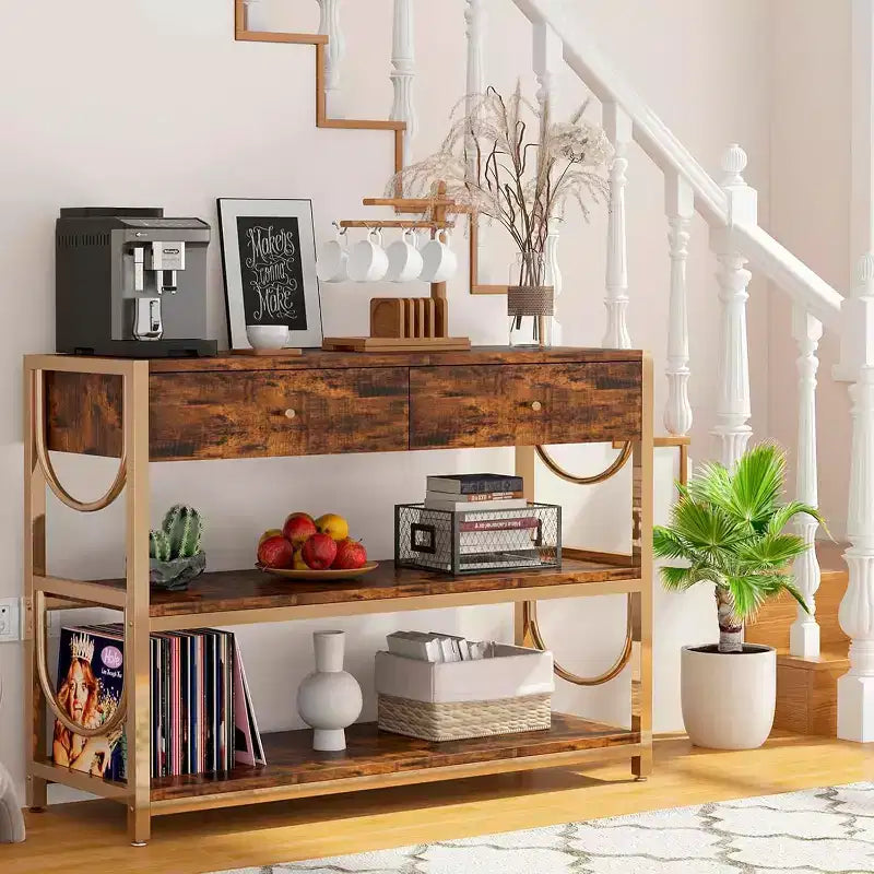 Console Table, Entryway Table - Light Luxury with 2 Drawers & 2 Shelves, Rustic Brown/Gold U-Shaped Frame, Adjustable Feet for Hallway/Living Room