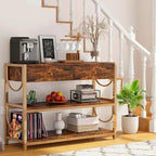 Console Table, Entryway Table - Light Luxury with 2 Drawers & 2 Shelves, Rustic Brown/Gold U-Shaped Frame, Adjustable Feet for Hallway/Living Room