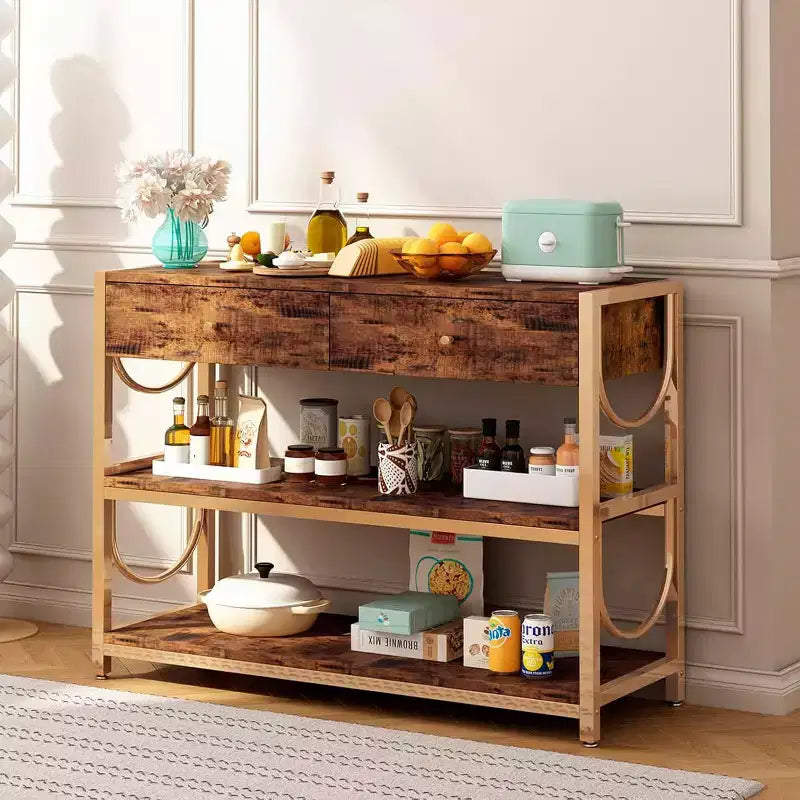 Console Table, Entryway Table - Light Luxury with 2 Drawers & 2 Shelves, Rustic Brown/Gold U-Shaped Frame, Adjustable Feet for Hallway/Living Room