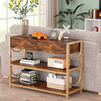 Console Table, Entryway Table - Light Luxury with 2 Drawers & 2 Shelves, Rustic Brown/Gold U-Shaped Frame, Adjustable Feet for Hallway/Living Room