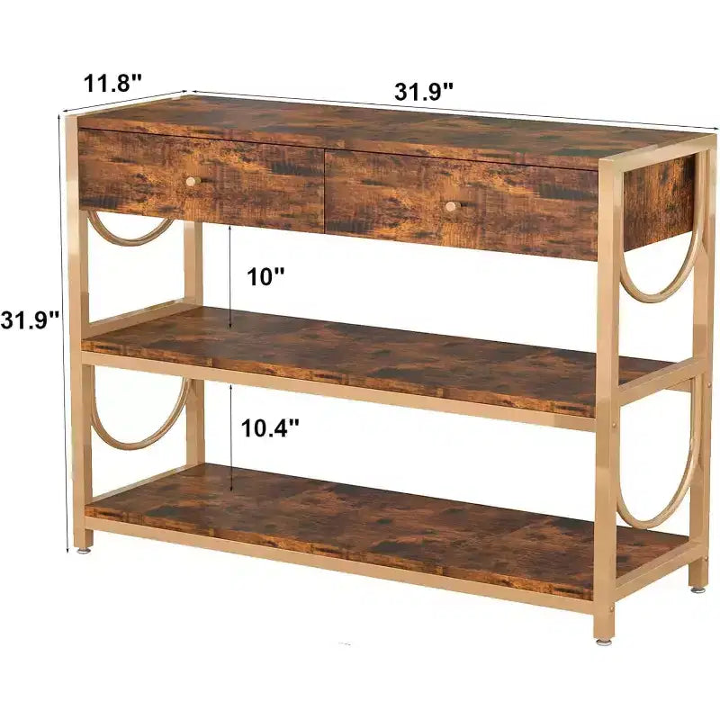 Console Table, Entryway Table - Light Luxury with 2 Drawers & 2 Shelves, Rustic Brown/Gold U-Shaped Frame, Adjustable Feet for Hallway/Living Room