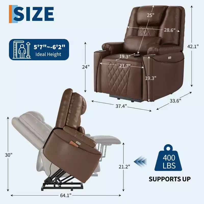 Poltrona reclinabile Sunnyfurn Lift - Reclinazione in pelle PU, 3 posizioni regolabili, tasche laterali, portabicchieri, poltrona Power Lift