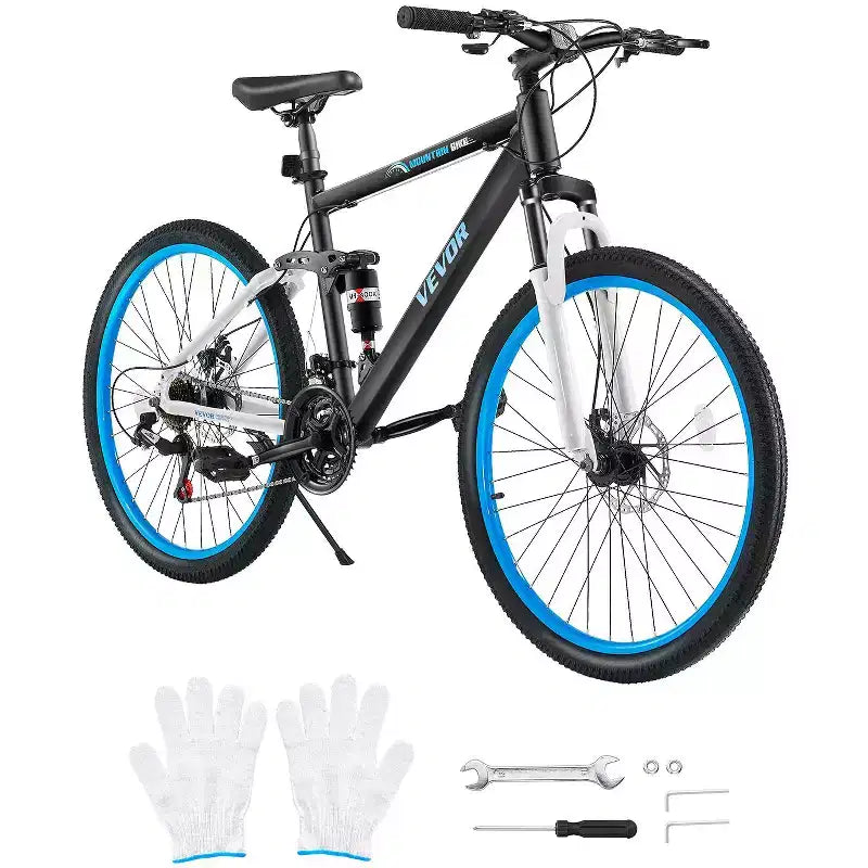 VEVOR Mountain Bike, 26-inch MTB Bicycle with Full Dual Suspension, 21-Speed Twist Shifter,Dual Disc Brakes, Aluminum Alloy Frame , Black&Blue