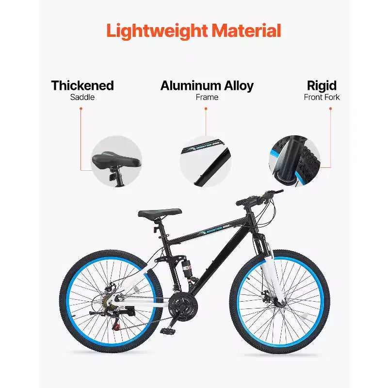 VEVOR Mountain Bike, 26-inch MTB Bicycle with Full Dual Suspension, 21-Speed Twist Shifter,Dual Disc Brakes, Aluminum Alloy Frame , Black&Blue