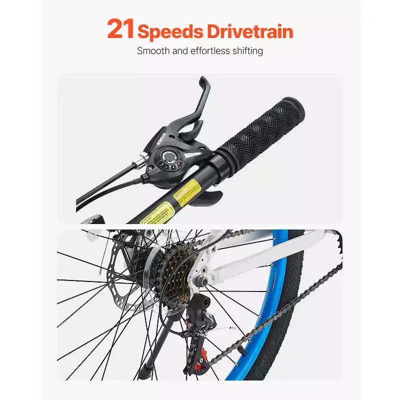 VEVOR Mountain Bike, 26-inch MTB Bicycle with Full Dual Suspension, 21-Speed Twist Shifter,Dual Disc Brakes, Aluminum Alloy Frame , Black&Blue
