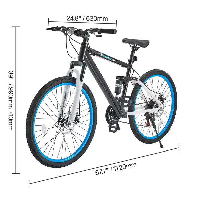 VEVOR Mountain Bike, 26-inch MTB Bicycle with Full Dual Suspension, 21-Speed Twist Shifter,Dual Disc Brakes, Aluminum Alloy Frame , Black&Blue
