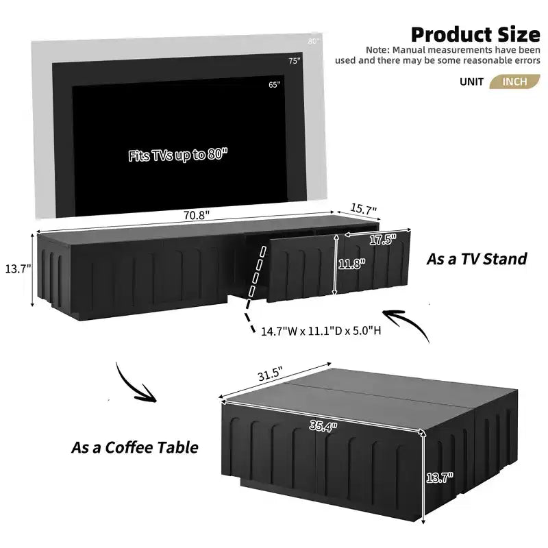 Whisen 80 TV Stand with Arched Design, Modern Dual Purpose Coffee Table with 4 Drawers, Multi-Functional Storage Cabinet