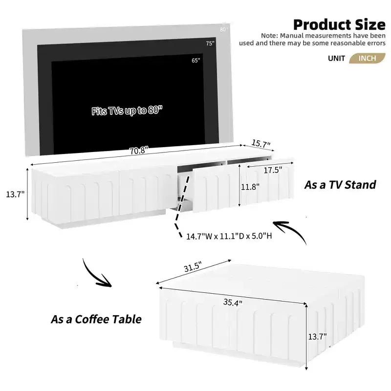 Whisen 80 TV Stand with Arched Design, Modern Dual Purpose Coffee Table with 4 Drawers, Multi-Functional Storage Cabinet